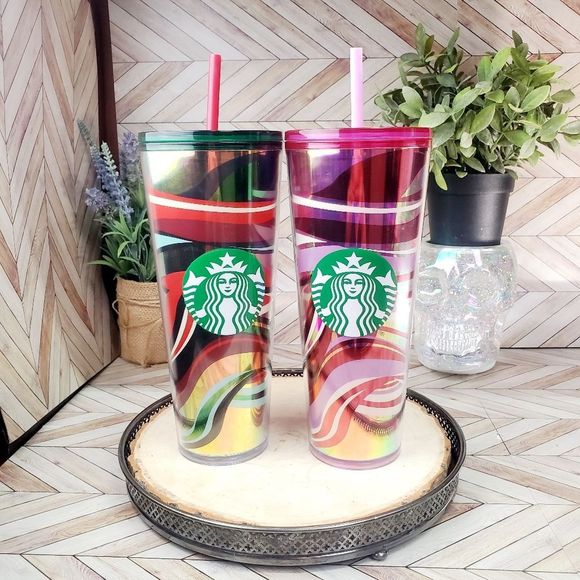 Starbucks Accessories - Starbucks Christmas Pink Red Ribbons Stripe & Red Green Ribbon Venti Tumbler